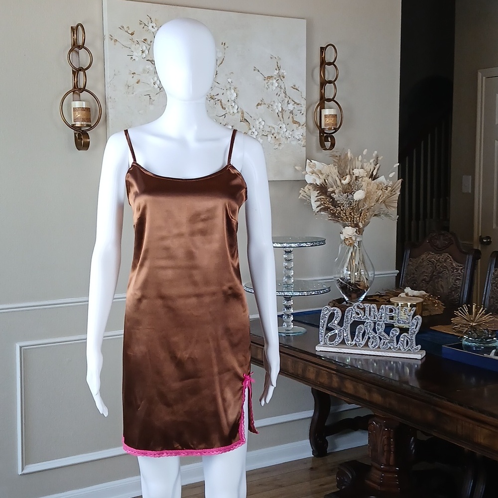 Spoiled Angel Women's Satin Slip Mini Dress With Pink Trim - Brown. Size M